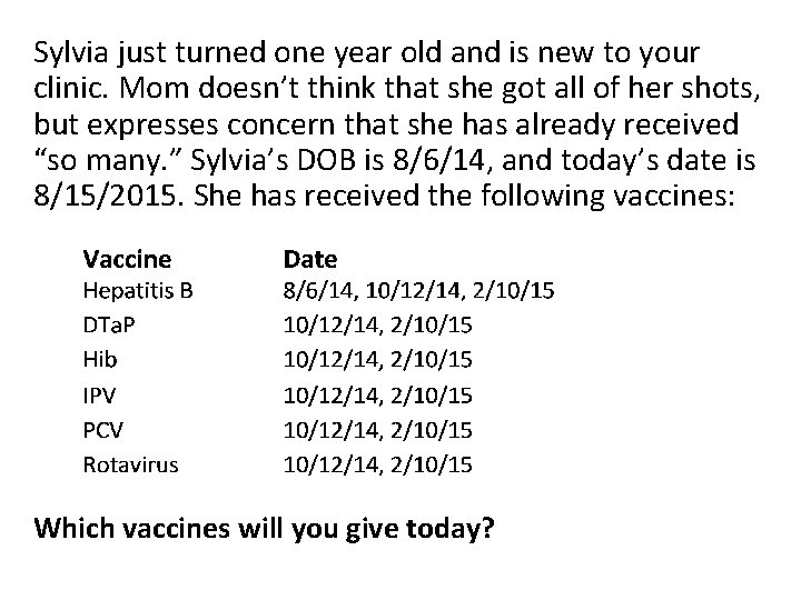 Sylvia just turned one year old and is new to your clinic. Mom doesn’t