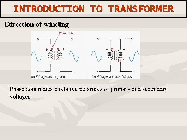 INTRODUCTION TO TRANSFORMER Direction of winding Phase dots indicate relative polarities of primary and