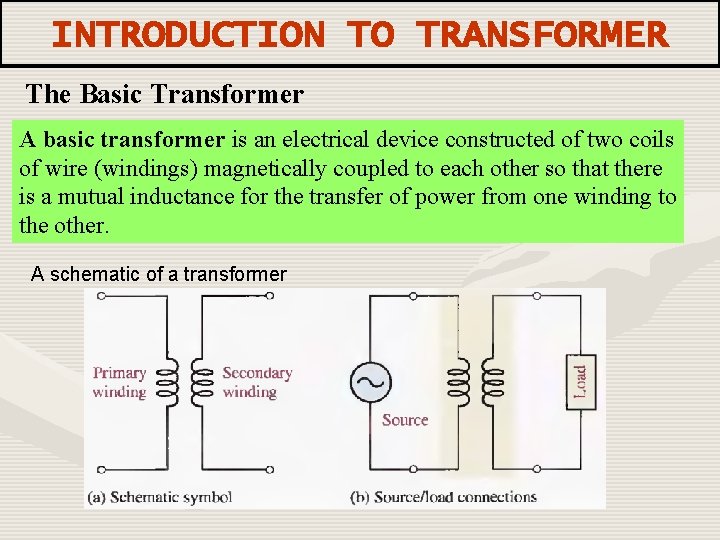 INTRODUCTION TO TRANSFORMER The Basic Transformer A basic transformer is an electrical device constructed