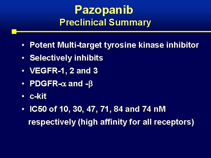 Pazopanib Preclinical Summary • Potent Multi-target tyrosine kinase inhibitor • Selectively inhibits • VEGFR-1,