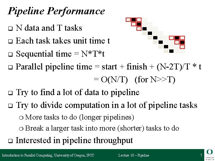 Pipeline Performance q q q N data and T tasks Each task takes unit