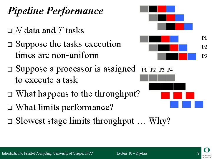 Pipeline Performance N data and T tasks q Suppose the tasks execution times are