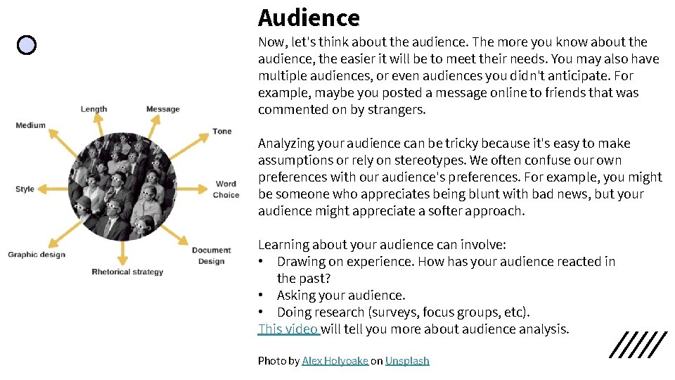 Audience Now, let's think about the audience. The more you know about the audience, Audience Now, let's think about the audience. The more you know about the audience,