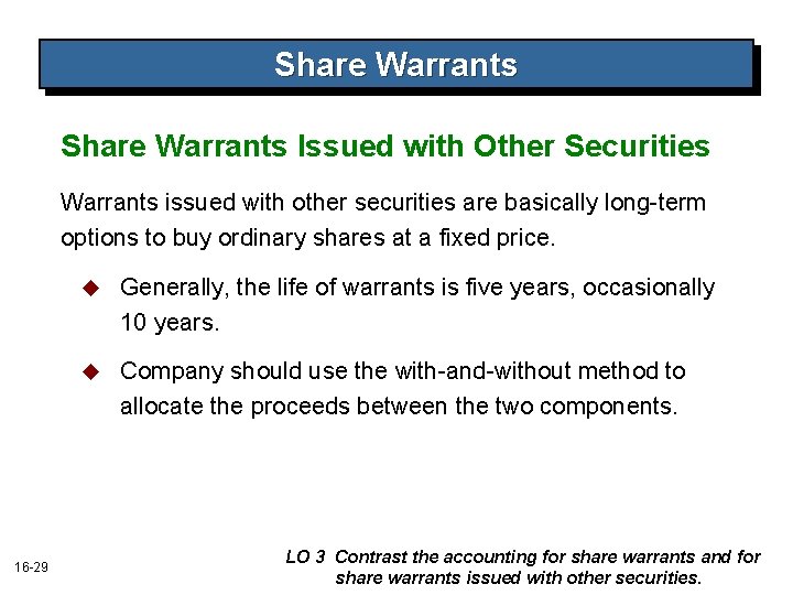Share Warrants Issued with Other Securities Warrants issued with other securities are basically long-term