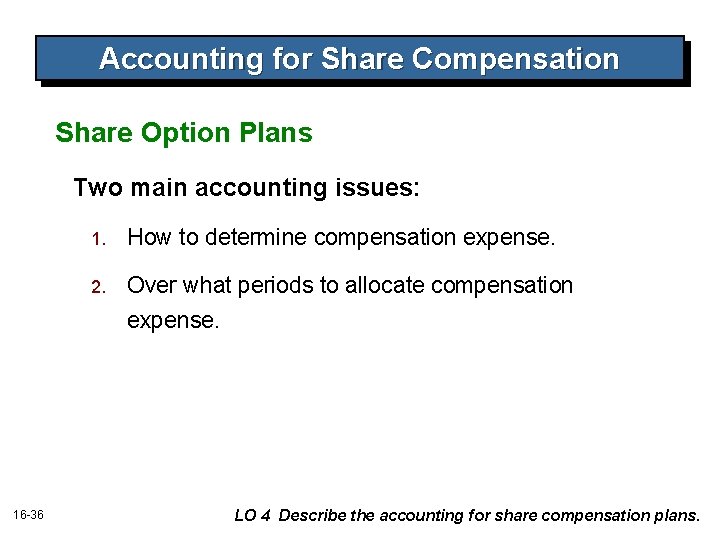 Accounting for Share Compensation Share Option Plans Two main accounting issues: 16 -36 1.