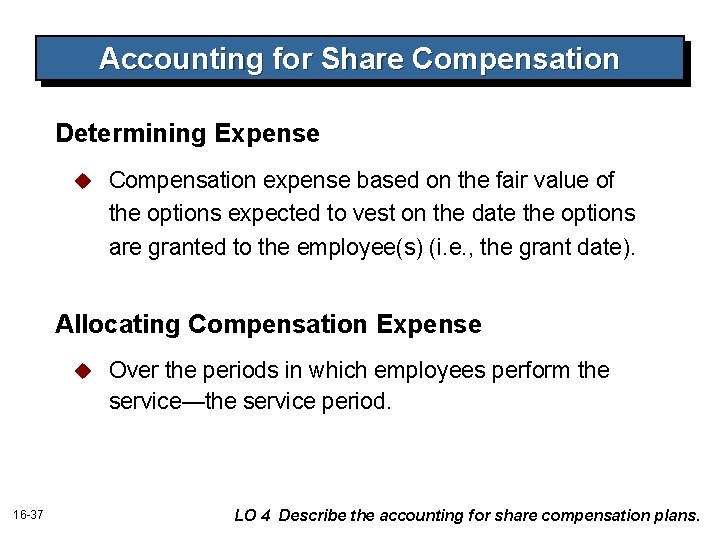 Accounting for Share Compensation Determining Expense u Compensation expense based on the fair value