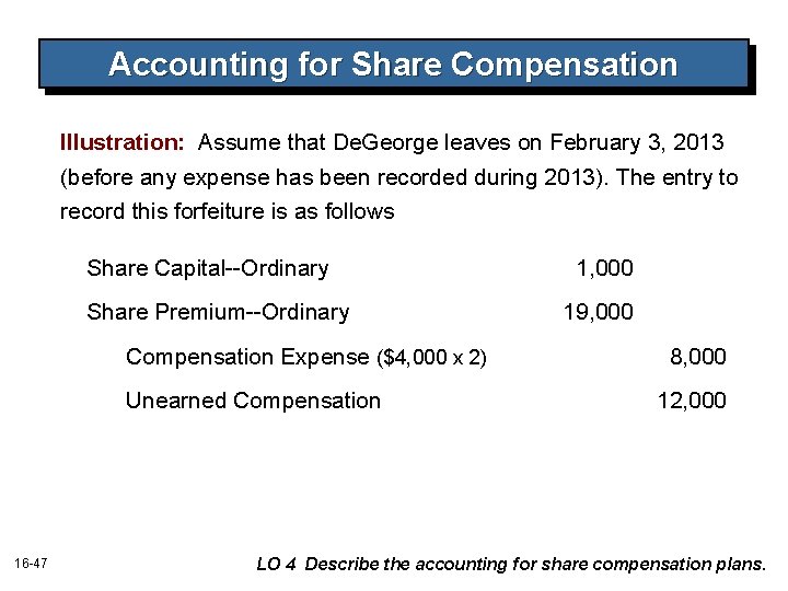 Accounting for Share Compensation Illustration: Assume that De. George leaves on February 3, 2013
