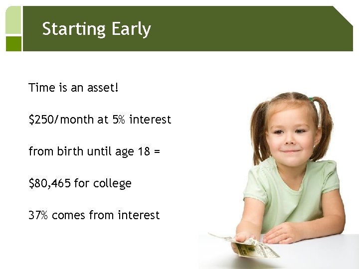 Starting Early Time is an asset! $250/month at 5% interest from birth until age
