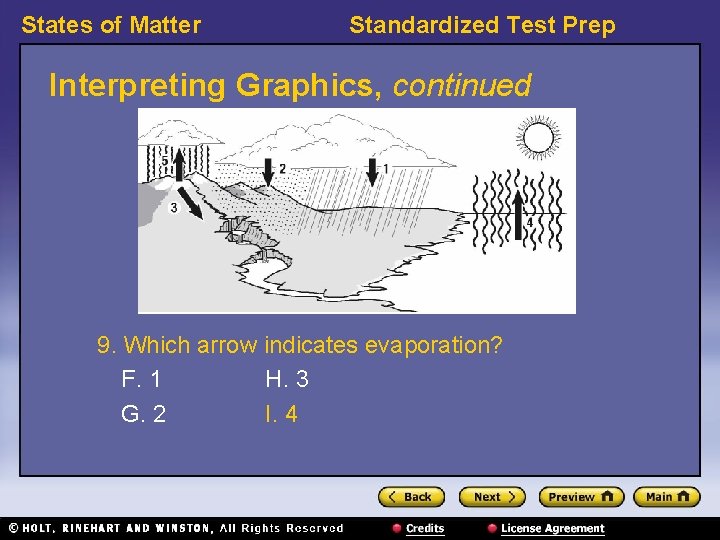 States of Matter Standardized Test Prep Interpreting Graphics, continued 9. Which arrow indicates evaporation?