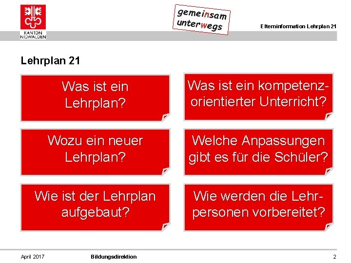 Elterninformation Lehrplan 21 Was ist ein Lehrplan? Was ist ein kompetenzorientierter Unterricht? Wozu ein