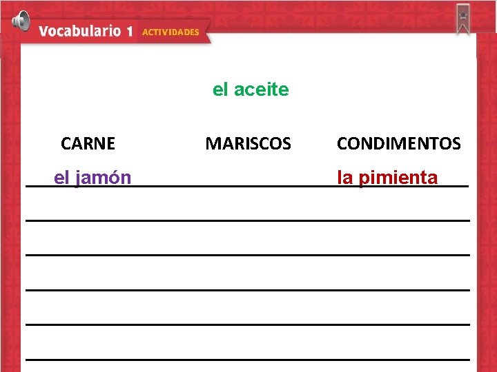 el aceite CARNE el jamón MARISCOS CONDIMENTOS la pimienta 