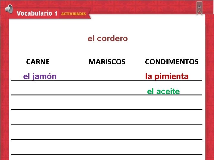 el cordero CARNE el jamón MARISCOS CONDIMENTOS la pimienta el aceite 