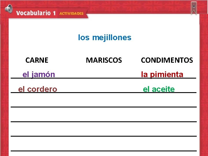los mejillones CARNE MARISCOS CONDIMENTOS el jamón la pimienta el cordero el aceite 