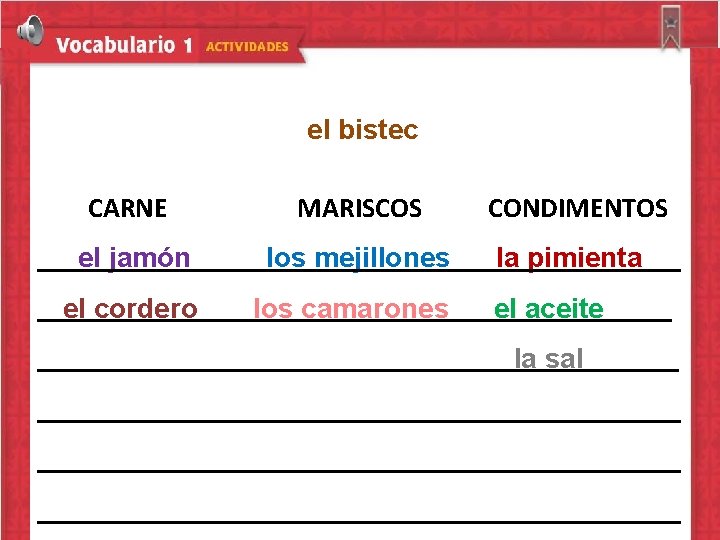 el bistec CARNE el jamón el cordero MARISCOS CONDIMENTOS los mejillones la pimienta los