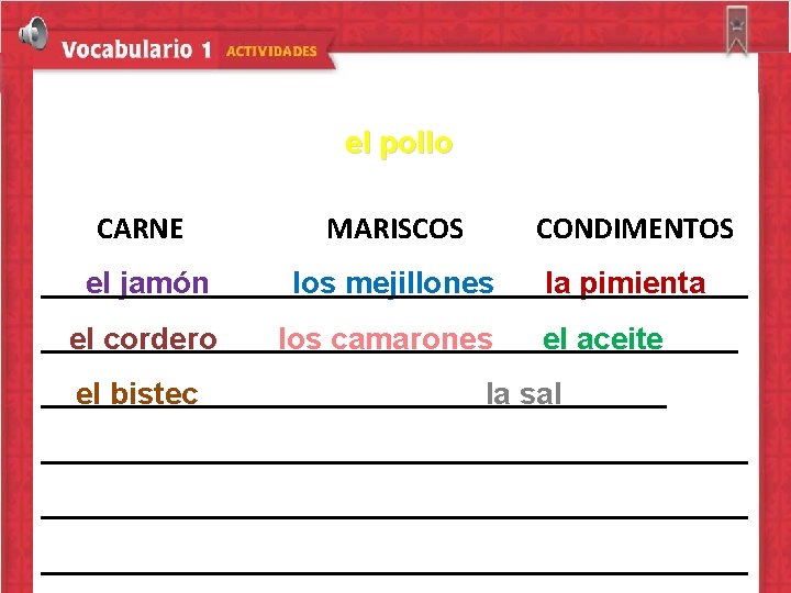 el pollo CARNE el jamón el cordero el bistec MARISCOS CONDIMENTOS los mejillones la