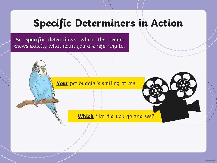 Specific Determiners in Action Use specific determiners when the reader knows exactly what noun