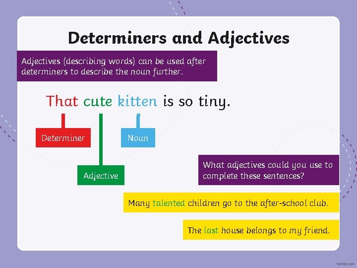 Determiners and Adjectives (describing words) can be used after determiners to describe the noun