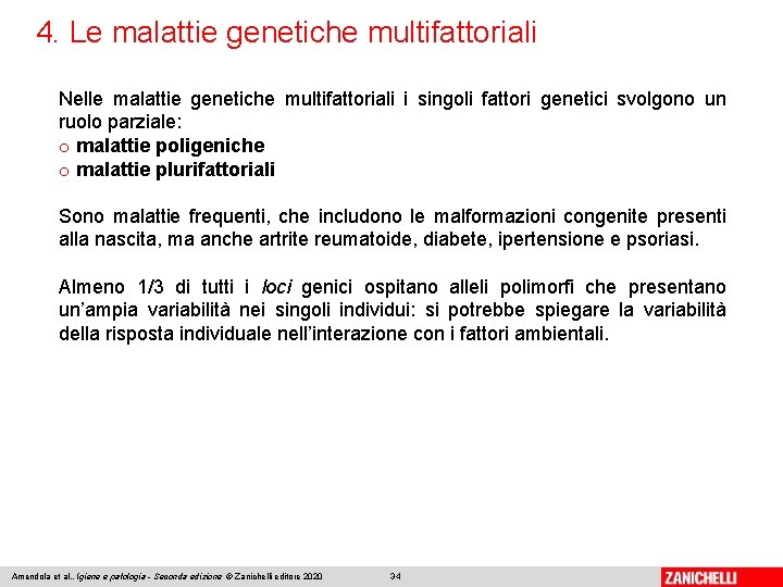 4. Le malattie genetiche multifattoriali Nelle malattie genetiche multifattoriali i singoli fattori genetici svolgono