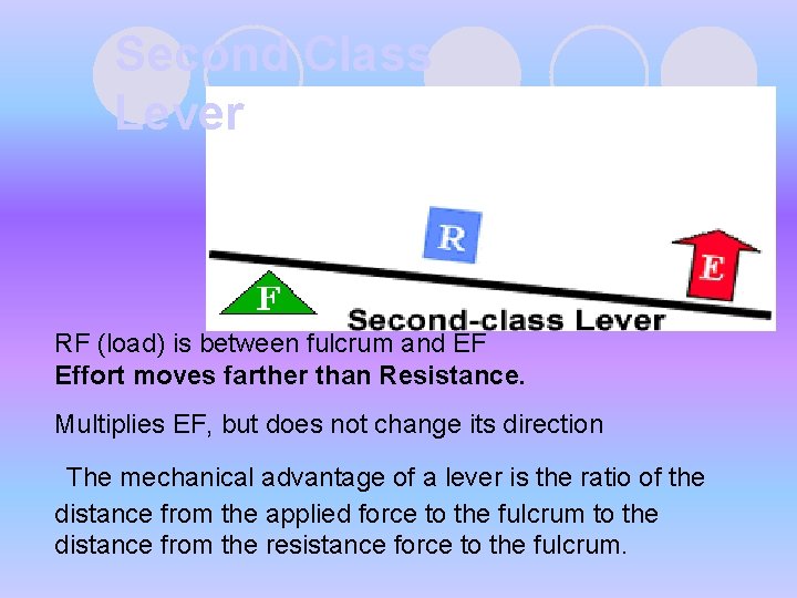 Second Class Lever RF (load) is between fulcrum and EF Effort moves farther than Second Class Lever RF (load) is between fulcrum and EF Effort moves farther than