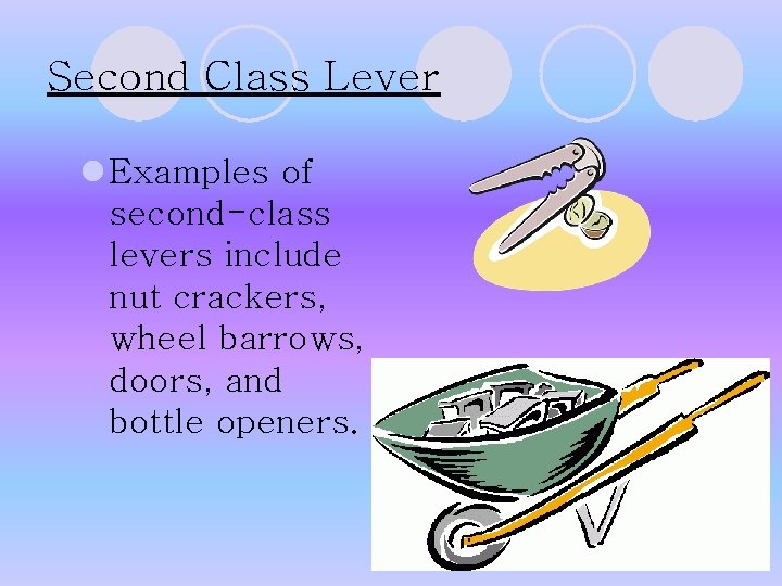 Second Class Lever l Examples of second-class levers include nut crackers, wheel barrows, doors, Second Class Lever l Examples of second-class levers include nut crackers, wheel barrows, doors,