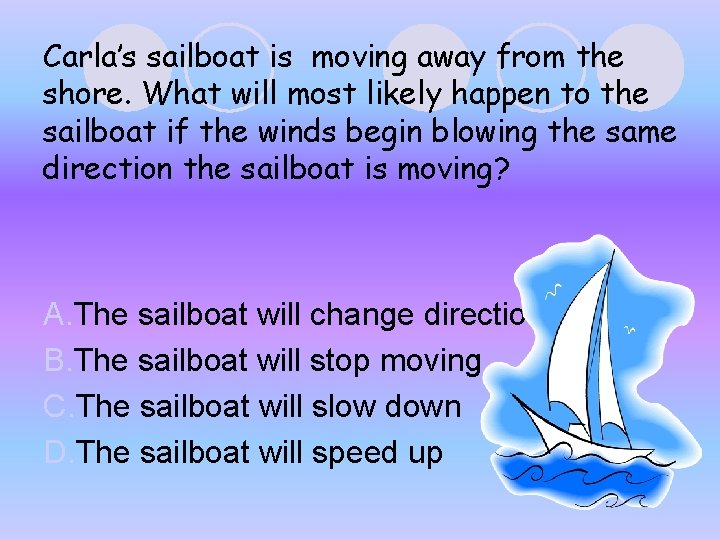 Carla’s sailboat is moving away from the shore. What will most likely happen to Carla’s sailboat is moving away from the shore. What will most likely happen to