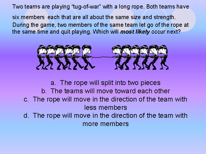Two teams are playing “tug-of-war” with a long rope. Both teams have six members Two teams are playing “tug-of-war” with a long rope. Both teams have six members