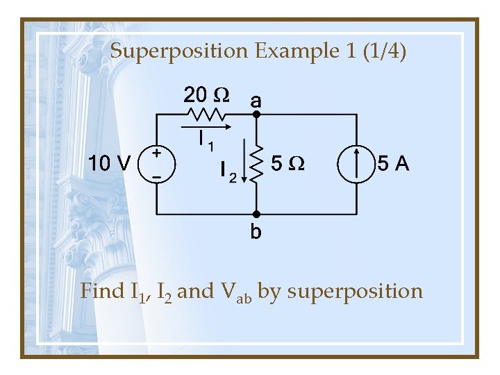 Superposition Example 1 (1/4) Find I 1, I 2 and Vab by superposition 
