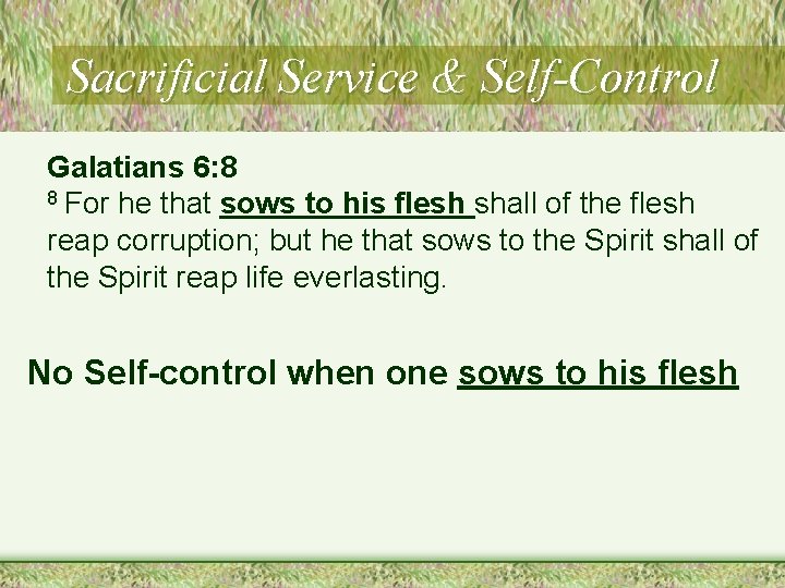 Sacrificial Service & Self-Control Galatians 6: 8 8 For he that sows to his