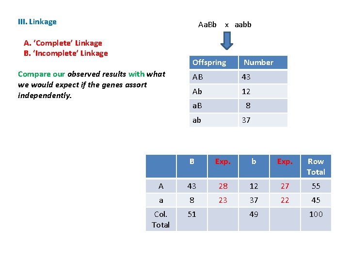 III. Linkage Aa. Bb x aabb A. ‘Complete’ Linkage B. ‘Incomplete’ Linkage Compare our