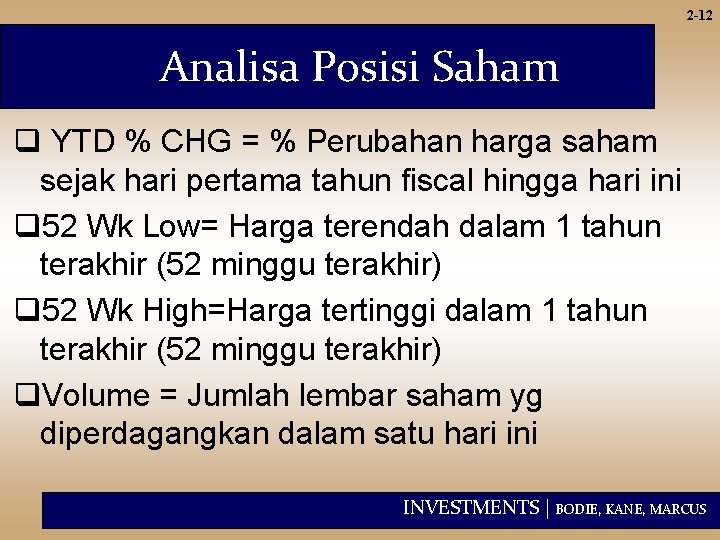 2 -12 Analisa Posisi Saham q YTD % CHG = % Perubahan harga saham