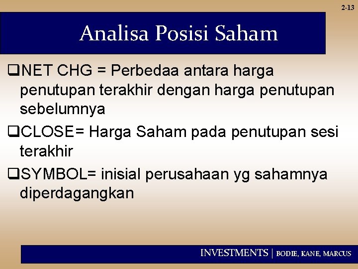 2 -13 Analisa Posisi Saham q. NET CHG = Perbedaa antara harga penutupan terakhir