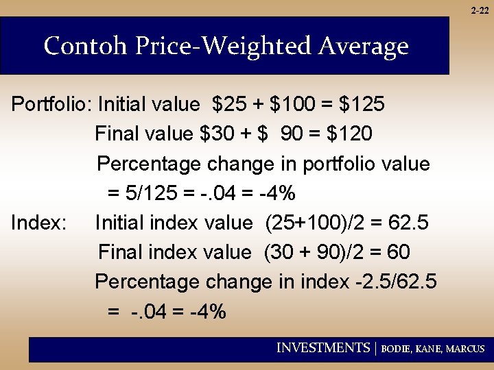 2 -22 Contoh Price-Weighted Average Portfolio: Initial value $25 + $100 = $125 Final