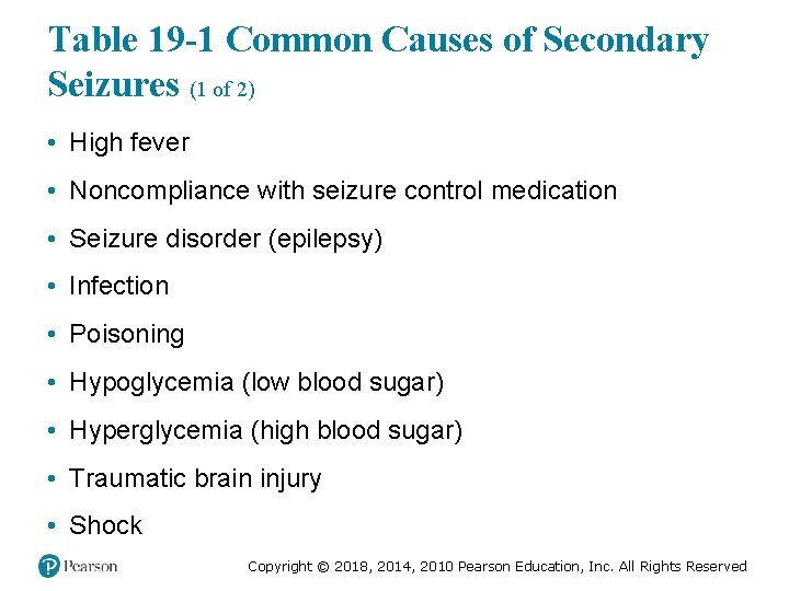 Table 19 -1 Common Causes of Secondary Seizures (1 of 2) • High fever