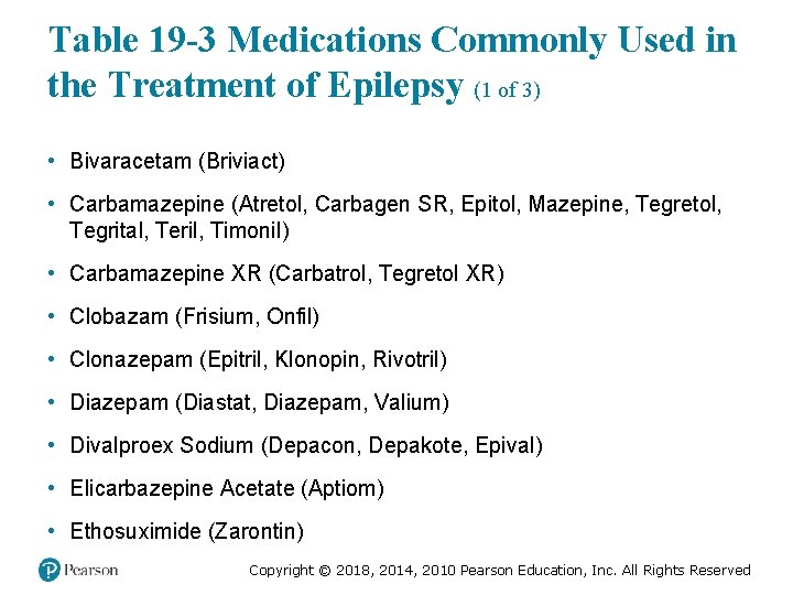 Table 19 -3 Medications Commonly Used in the Treatment of Epilepsy (1 of 3)