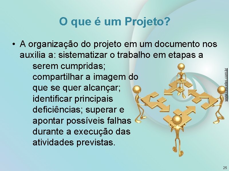  • A organização do projeto em um documento nos auxilia a: sistematizar o