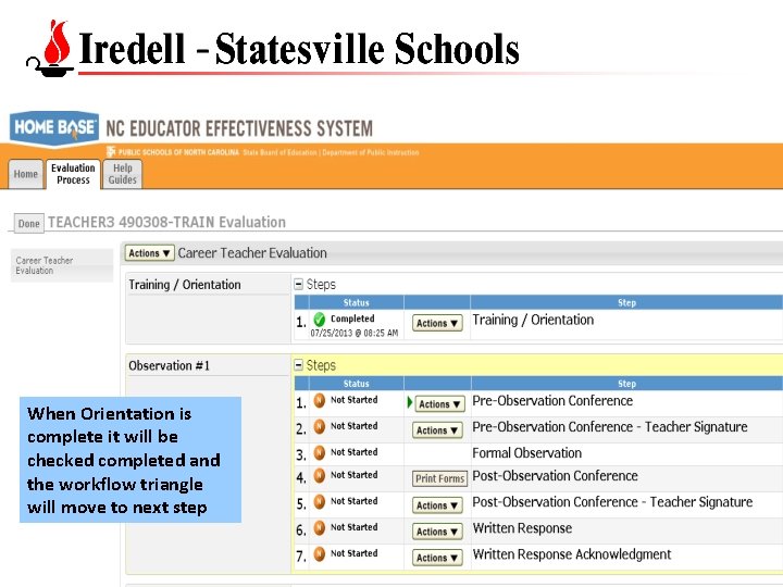 When Orientation is complete it will be checked completed and the workflow triangle will