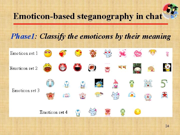 Emoticon-based steganography in chat Phase 1: Classify the emoticons by their meaning 24 