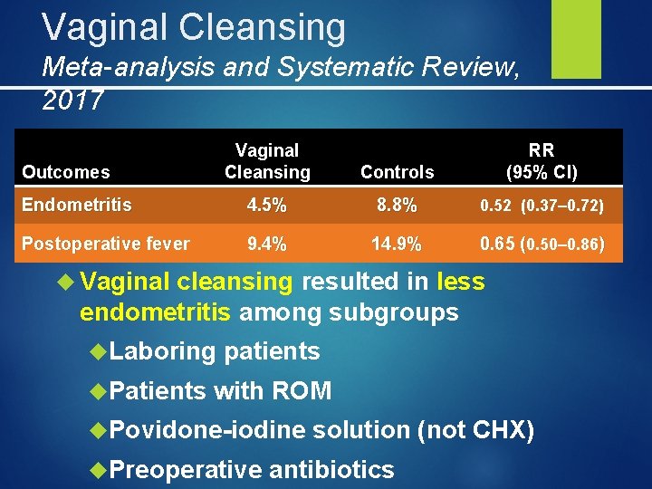 Vaginal Cleansing Meta-analysis and Systematic Review, 2017 Vaginal Cleansing Controls RR (95% CI) Endometritis