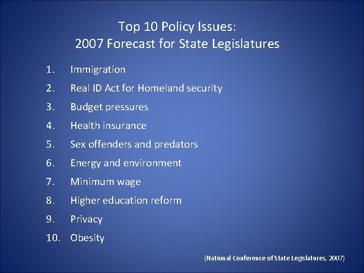 Top 10 Policy Issues: 2007 Forecast for State Legislatures 1. Immigration 2. Real ID Top 10 Policy Issues: 2007 Forecast for State Legislatures 1. Immigration 2. Real ID