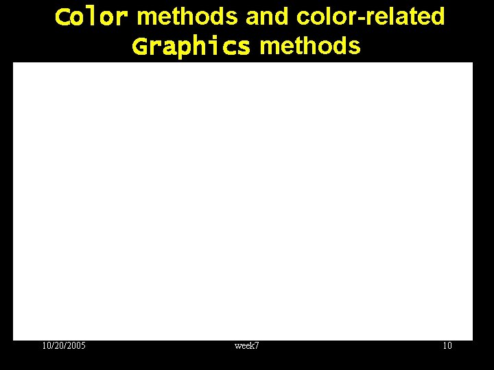 Color methods and color-related Graphics methods 10/20/2005 week 7 10 