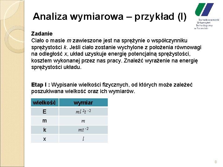 Analiza wymiarowa – przykład (I) Zadanie Ciało o masie m zawieszone jest na sprężynie