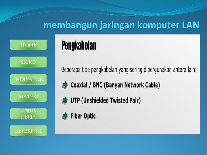 membangun jaringan komputer LAN HOME SK/KD INDIKATOR MATERI UNJUK KERJA REFERENSI 