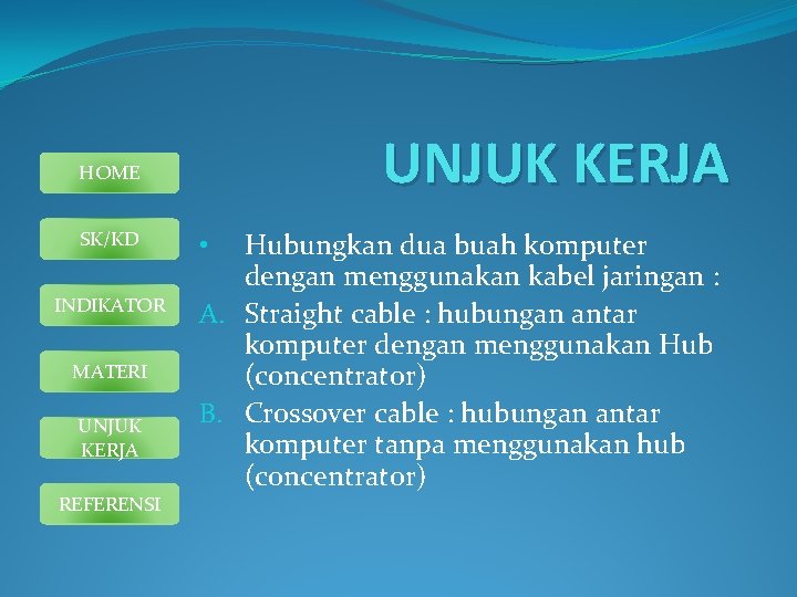 UNJUK KERJA HOME SK/KD INDIKATOR MATERI UNJUK KERJA REFERENSI Hubungkan dua buah komputer dengan