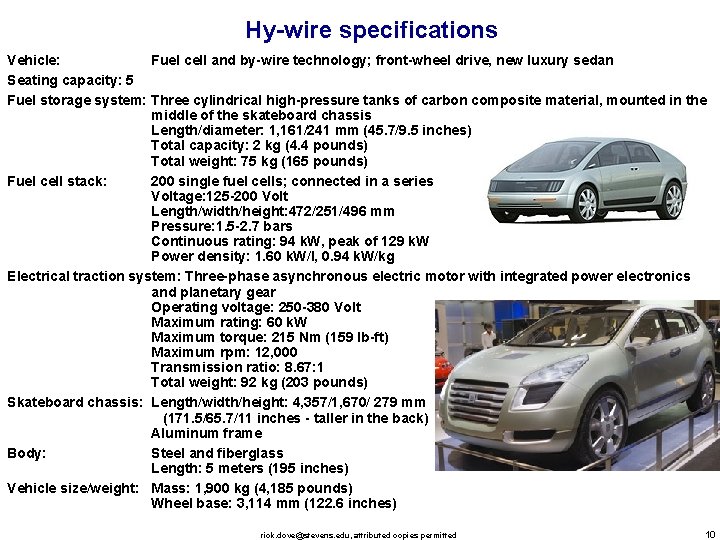 Hy-wire specifications Vehicle: Fuel cell and by-wire technology; front-wheel drive, new luxury sedan Seating