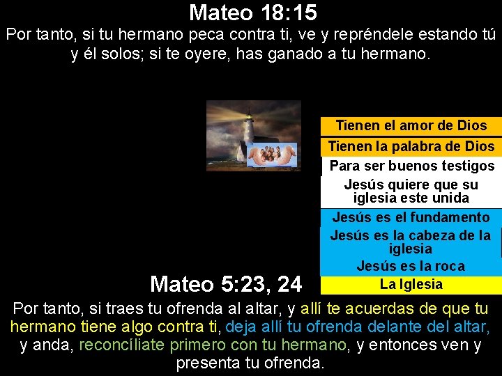 Mateo 18: 15 Por tanto, si tu hermano peca contra ti, ve y repréndele