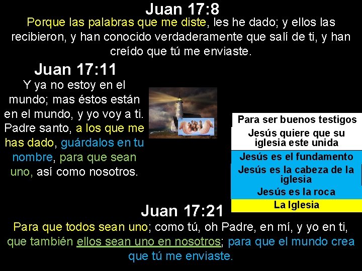 Juan 17: 8 Porque las palabras que me diste, les he dado; y ellos
