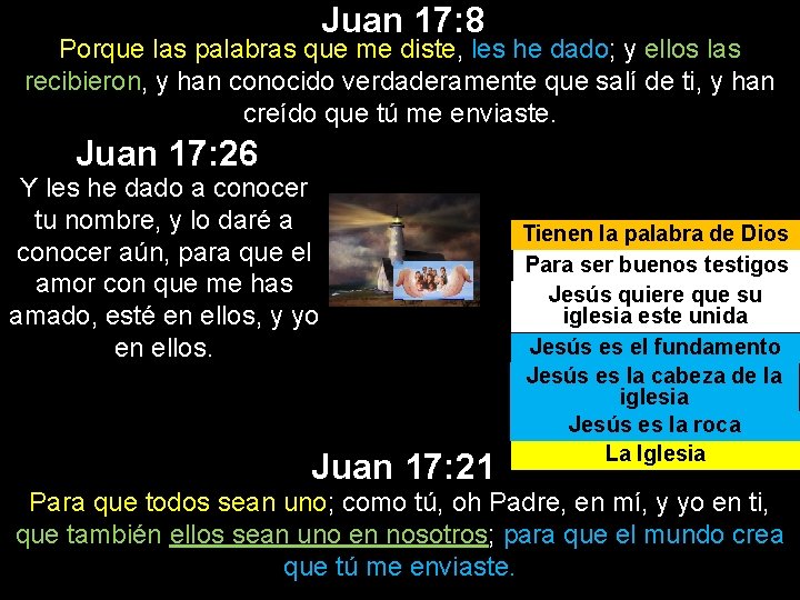 Juan 17: 8 Porque las palabras que me diste, les he dado; y ellos