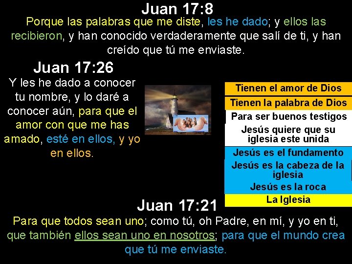 Juan 17: 8 Porque las palabras que me diste, les he dado; y ellos