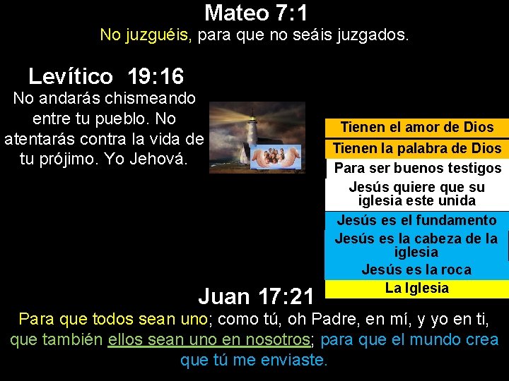 Mateo 7: 1 No juzguéis, para que no seáis juzgados. Levítico 19: 16 No