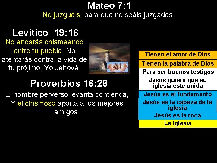 Mateo 7: 1 No juzguéis, para que no seáis juzgados. Levítico 19: 16 No